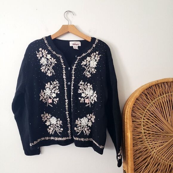 Vintage Worthington Embroidered Cardigan Sweater Black Cream Pink M Beaded - Picture 1 of 6